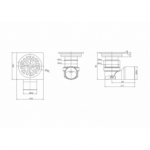 Трап сантехнический MAGdrain PFC 30 Q50-B (100*100, магнитный клапан, Нерж., Матовый)